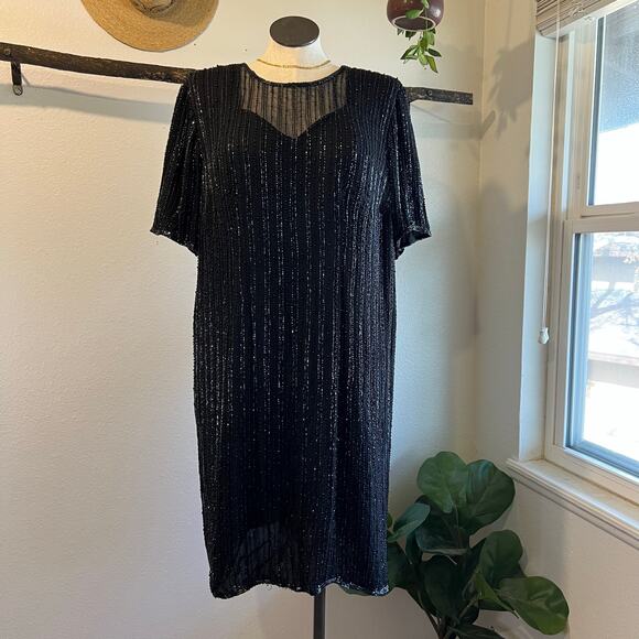 Black 100% Silk Beaded Sequin Sparkle Short Sleeve Knee Length Dress Size 22/24 - Picture 12 of 13